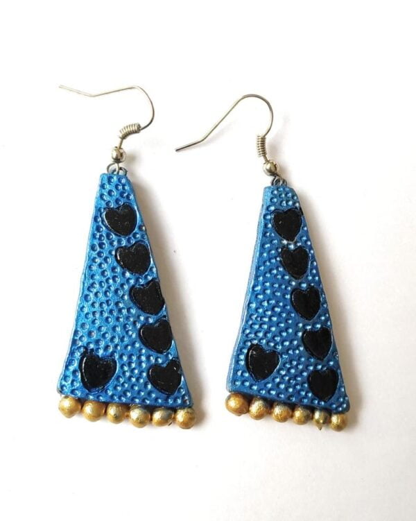Terracotta Big Sized Earrings | Triangle Terracotta Big Earrings | Blue And Black Triangle Earrings