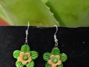 Small Sized Terracotta Earrings | Flower Shaped Terracotta Earrings | Green and Golden Terracotta Earrings