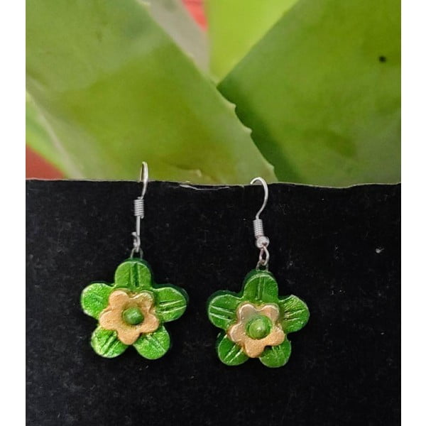 Small Sized Terracotta Earrings | Flower Shaped Terracotta Earrings | Green and Golden Terracotta Earrings